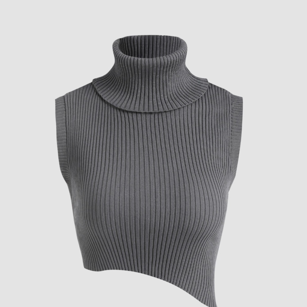 High Neck Asymmetric Knitted Vest 
Color:GreySize:S